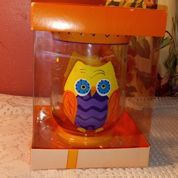 BEAUTIFUL CLEAR GLASS JAR / VASE WITH A COLORFUL OWL OF BEAUTY - Picture 1 of 7